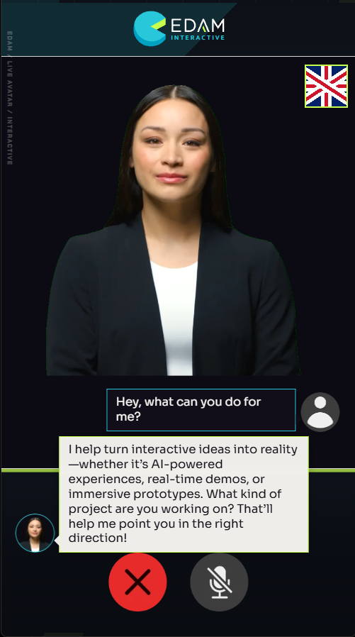 Preview of an EDAM Interactive AI avatar conversation interface.