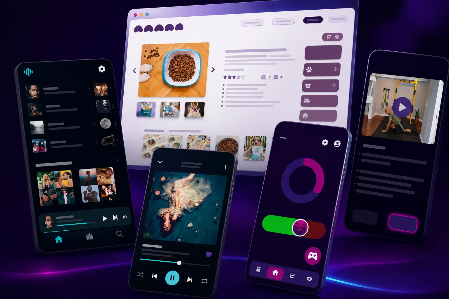 Collage showing real-time development, interaction systems, interface design, and visual prototyping.